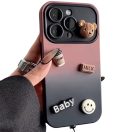 Apple iPhone 15, Szilikon tok, színátmenetes, 3D maci, kávé, smile minta, Teddy Bear Coffee Case, rózsaszín/fekete