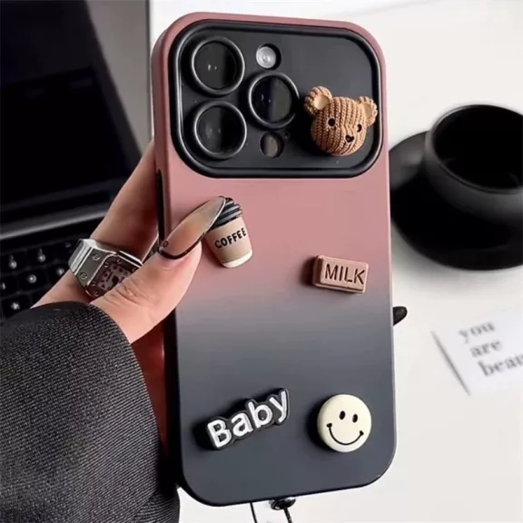 Apple iPhone 16, Szilikon tok, színátmenetes, 3D maci, kávé, smile minta, Teddy Bear Coffee Case, rózsaszín/fekete