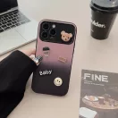 Apple iPhone 16, Szilikon tok, színátmenetes, 3D maci, kávé, smile minta, Teddy Bear Coffee Case, rózsaszín/fekete