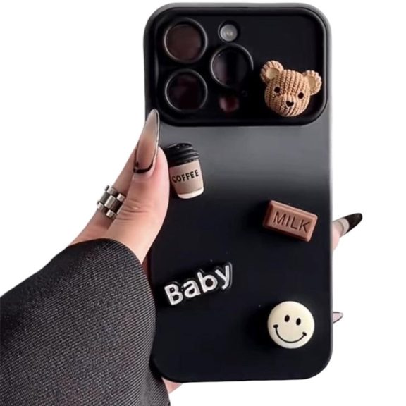 Apple iPhone 12, Szilikon tok, színátmenetes, 3D maci, kávé, smile minta, Teddy Bear Coffee Case, szürke/fekete