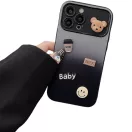 Apple iPhone 15 Pro, Szilikon tok, színátmenetes, 3D maci, kávé, smile minta, Teddy Bear Coffee Case, szürke/fekete