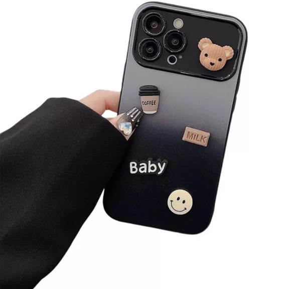 Apple iPhone 15 Pro, Szilikon tok, színátmenetes, 3D maci, kávé, smile minta, Teddy Bear Coffee Case, szürke/fekete
