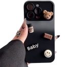 Apple iPhone 15, Szilikon tok, színátmenetes, 3D maci, kávé, smile minta, Teddy Bear Coffee Case, szürke/fekete