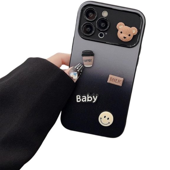 Apple iPhone 15, Szilikon tok, színátmenetes, 3D maci, kávé, smile minta, Teddy Bear Coffee Case, szürke/fekete