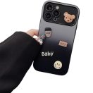 Apple iPhone 16, Szilikon tok, színátmenetes, 3D maci, kávé, smile minta, Teddy Bear Coffee Case, szürke/fekete
