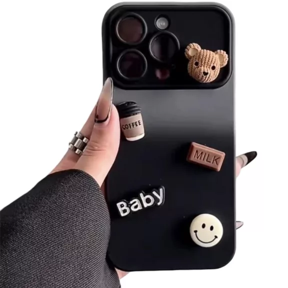 Apple iPhone 16 Pro, Szilikon tok, színátmenetes, 3D maci, kávé, smile minta, Teddy Bear Coffee Case, szürke/fekete