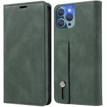   Samsung Galaxy A15 4G / A15 5G SM-A155F / A156B, Oldalra nyíló tok, stand, kártyatartóval, kézpánttal, Wooze Business Plus, sötétzöld