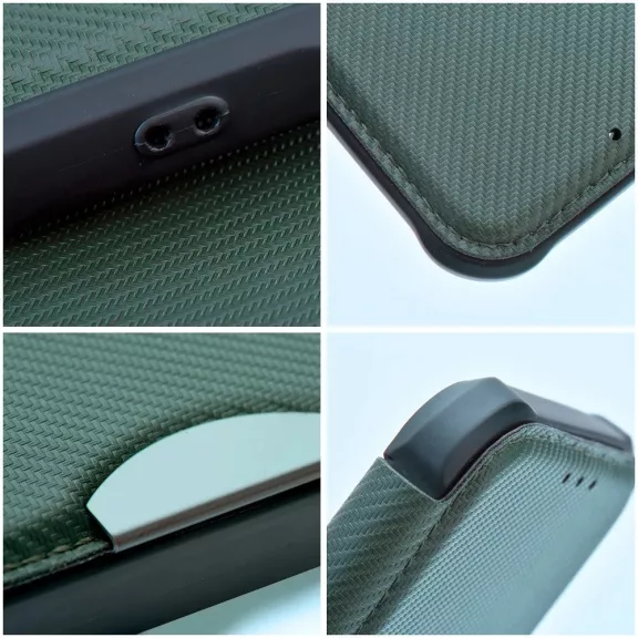 Samsung Galaxy A15 4G / A15 5G SM-A155F / A156B, Oldalra nyíló tok, légpárnás sarok, bőrhatású, karbon minta, Razor Book, zöld