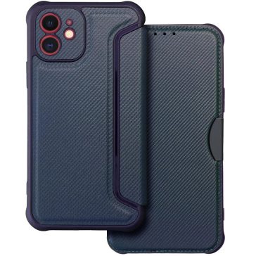   Xiaomi Redmi 13C 4G / Poco C65, Oldalra nyíló tok, légpárnás sarok, bőrhatású, karbon minta, Razor Book, kék