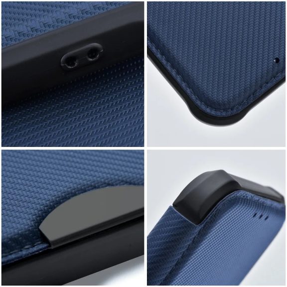 Xiaomi Redmi 13C 4G / Poco C65, Oldalra nyíló tok, légpárnás sarok, bőrhatású, karbon minta, Razor Book, kék