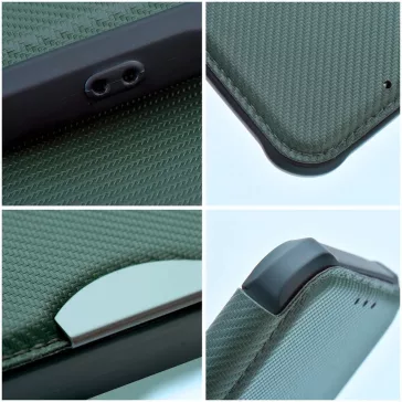   Samsung Galaxy A35 5G SM-A356B, Oldalra nyíló tok, légpárnás sarok, bőrhatású, karbon minta, Razor Book, zöld