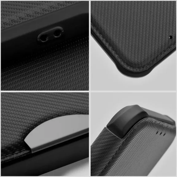 Samsung Galaxy A35 5G SM-A356B, Oldalra nyíló tok, légpárnás sarok, bőrhatású, karbon minta, Razor Book, fekete