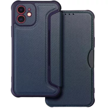   Samsung Galaxy A35 5G SM-A356B, Oldalra nyíló tok, légpárnás sarok, bőrhatású, karbon minta, Razor Book, kék