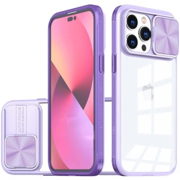   Apple iPhone 15 Pro Max, Műanyag hátlap + szilikon keret, átlátszó akril hátlap, kamera védelem, Wooze Trendy, lila