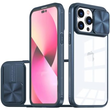   Apple iPhone 13 Pro Max, Műanyag hátlap + szilikon keret, átlátszó akril hátlap, kamera védelem, Wooze Trendy, sötétkék