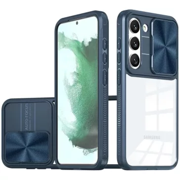   Samsung Galaxy A54 5G SM-A546B, Műanyag hátlap + szilikon keret, átlátszó akril hátlap, kamera védelem, Wooze Trendy, sötétkék