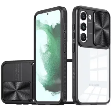   Samsung Galaxy A33 5G SM-A336B, Műanyag hátlap + szilikon keret, átlátszó akril hátlap, kamera védelem, Wooze Trendy, fekete