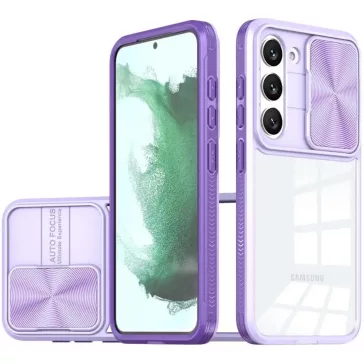   Samsung Galaxy A32 5G SM-A326B, Műanyag hátlap + szilikon keret, átlátszó akril hátlap, kamera védelem, Wooze Trendy, lila