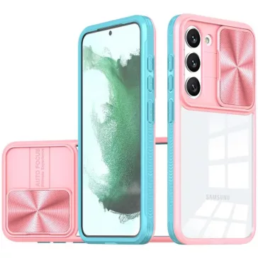   Samsung Galaxy A25 5G SM-A256B, Műanyag hátlap + szilikon keret, átlátszó akril hátlap, kamera védelem, Wooze Trendy, rózsaszín/kék