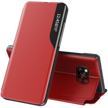   Xiaomi Redmi 13C 4G / Redmi 13C 5G / Poco C65, Oldalra nyíló tok, stand, hívás mutatóval, Wooze FashionBook, piros