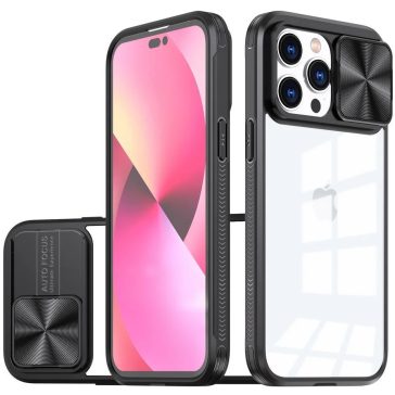   Apple iPhone 16 Pro Max, Műanyag hátlap + szilikon keret, átlátszó akril hátlap, kamera védelem, Wooze Trendy, fekete