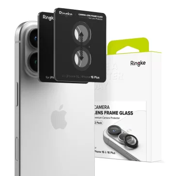   Apple iPhone 16 / 16 Plus, Kamera lencsevédő fólia, ütésálló fólia, Tempered Glass (edzett üveg), alumínium keret, Ringke Camera Frame Protector, fekete