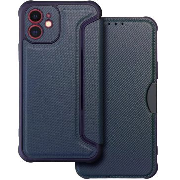   Apple iPhone 16, Oldalra nyíló tok, légpárnás sarok, bőrhatású, karbon minta, Razor Book, kék