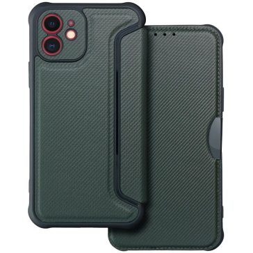   Apple iPhone 16 Pro Max, Oldalra nyíló tok, légpárnás sarok, bőrhatású, karbon minta, Razor Book, zöld