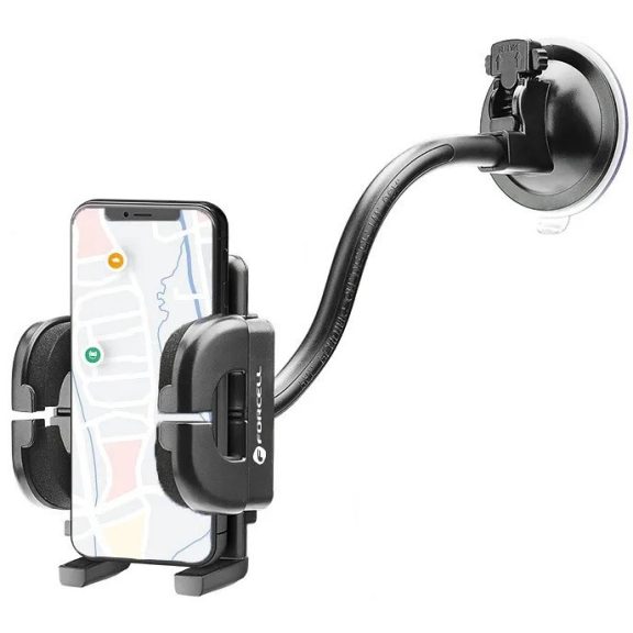 Autós tartó, Univerzális, szélvédőre vagy szellőzőre vagy műszerfalra rögzíthető, tapadókorongos, 38 - 107 cm készülékekhez, Forcell Regular 27, fekete