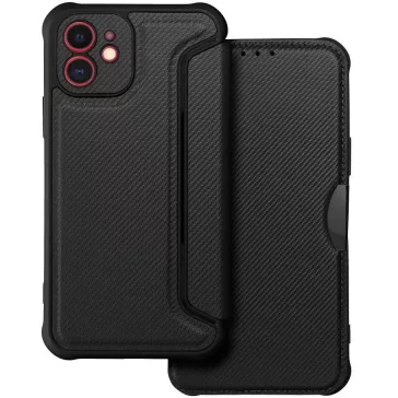   Samsung Galaxy A16 4G / A16 5G SM-A165F / A166B, Oldalra nyíló tok, légpárnás sarok, bőrhatású, karbon minta, Razor Book, fekete