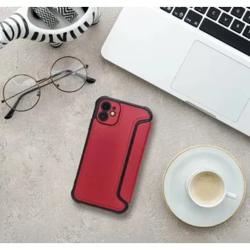   Samsung Galaxy A16 4G / A16 5G SM-A165F / A166B, Oldalra nyíló tok, légpárnás sarok, bőrhatású, karbon minta, Razor Book, piros