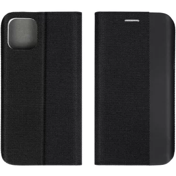   Samsung Galaxy A16 4G / A16 5G SM-A165F / A166B, Oldalra nyíló tok, stand, kártyatartóval, textil minta, Sensitive Book, fekete