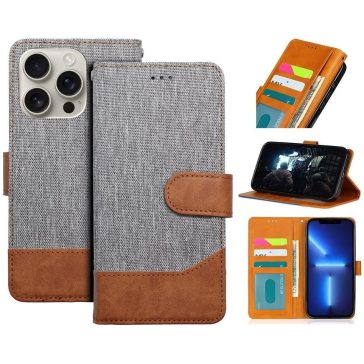  Xiaomi Redmi 13C 4G / Poco C65, Oldalra nyíló tok, stand, kártyatartóval, farmer minta, Jeans Book, szürke