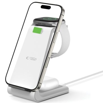   Univerzális vezeték nélküli töltő állomás 3in1, Qi Wireless, 10W, asztali tartó, Apple eszközökhöz, Tech-Protect QI15W-A36, fehér