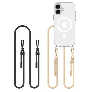   Apple iPhone 16, Szilikon védőkeret + műanyag hátlap, nyakbaakasztó, Magsafe töltővel kompatibilis, FlexAir Chain Magsafe, átlátszó (fekete, beige)