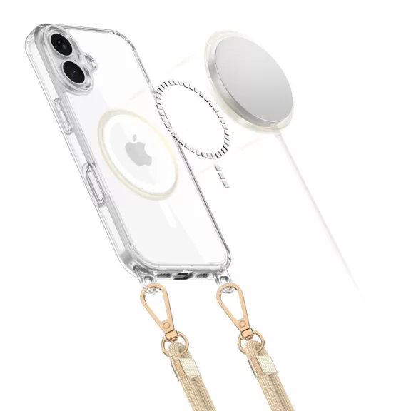 Apple iPhone 16, Szilikon védőkeret + műanyag hátlap, nyakbaakasztó, Magsafe töltővel kompatibilis, FlexAir Chain Magsafe, átlátszó (fekete, beige)