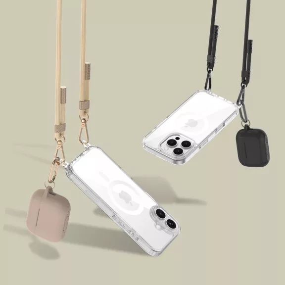 Apple iPhone 16 Pro, Szilikon védőkeret + műanyag hátlap, nyakbaakasztó, Magsafe töltővel kompatibilis, FlexAir Chain Magsafe, átlátszó (fekete, beige)