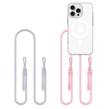   Apple iPhone 16 Pro, Szilikon védőkeret + műanyag hátlap, nyakbaakasztó, Magsafe töltővel kompatibilis, FlexAir Chain Magsafe, átlátszó (szürke, rózsaszín)