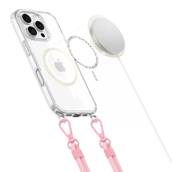 Apple iPhone 16 Pro, Szilikon védőkeret + műanyag hátlap, nyakbaakasztó, Magsafe töltővel kompatibilis, FlexAir Chain Magsafe, átlátszó (szürke, rózsaszín)
