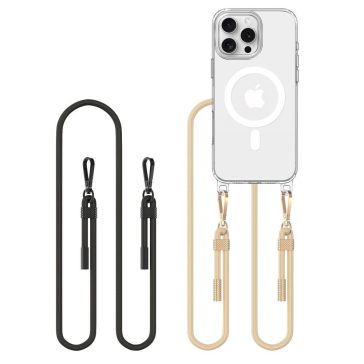   Apple iPhone 16 Pro Max, Szilikon védőkeret + műanyag hátlap, nyakbaakasztó, Magsafe töltővel kompatibilis, FlexAir Chain Magsafe, átlátszó (fekete, beige)