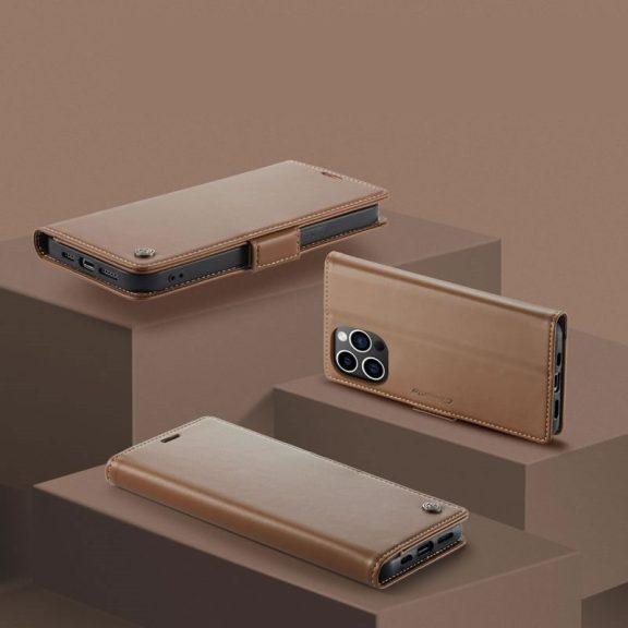 Samsung Galaxy S25 Plus SM-S936, Oldalra nyíló tok, stand, kártyatartóval, RFID technológiával, Wooze CaseME, barna