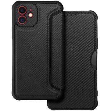   Samsung Galaxy S25 Plus SM-S936, Oldalra nyíló tok, légpárnás sarok, bőrhatású, karbon minta, Razor Book, fekete