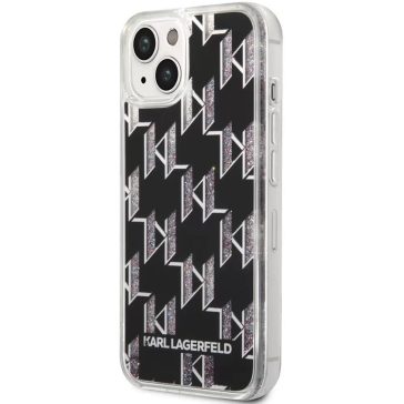   Apple iPhone 14 Plus, Műanyag hátlap védőtok, Monogram minta, Karl Lagerfeld Monogram Liquid Glitter, fekete