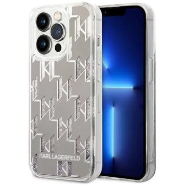   Apple iPhone 14 Pro Max, Műanyag hátlap védőtok, Monogram minta, Karl Lagerfeld Monogram Liquid Glitter, ezüst