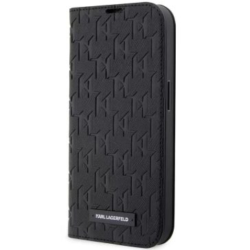   Apple iPhone 14 Pro, Oldalra nyíló tok, stand, kártyatartóval, 3D monogram minta, Karl Lagerfeld Saffiano Monogram Book, fekete