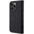 Apple iPhone 14 Pro, Oldalra nyíló tok, stand, kártyatartóval, 3D monogram minta, Karl Lagerfeld Saffiano Monogram Book, fekete