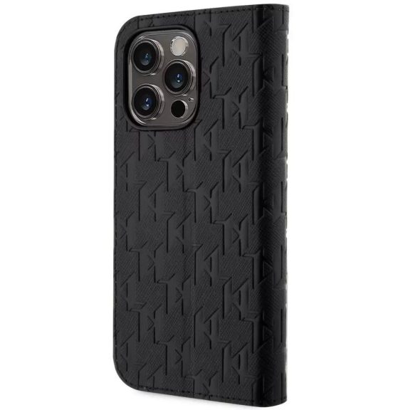 Apple iPhone 14 Pro, Oldalra nyíló tok, stand, kártyatartóval, 3D monogram minta, Karl Lagerfeld Saffiano Monogram Book, fekete